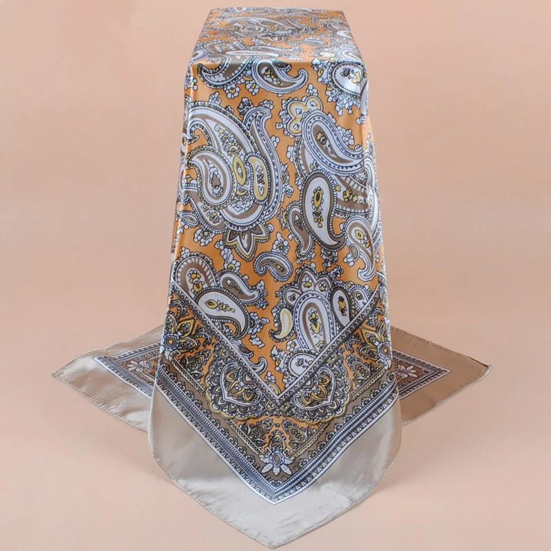 90X90cm Kopf Schal Frauen Luxus Marke Seide Quadrat Schal Foulard Satin Bandana Weiche Halstuch Hijab Haar Schals für Damen – Detail 5