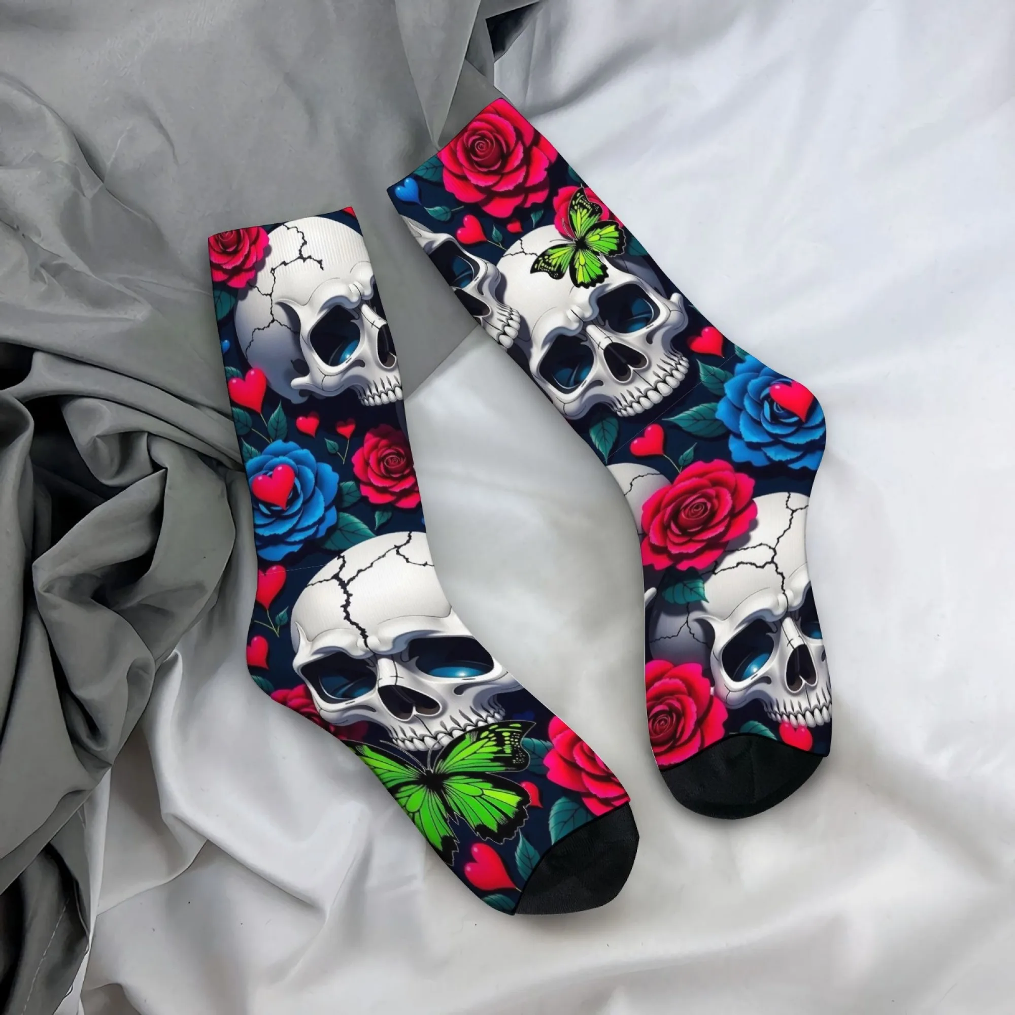 1 Paar Herren-Socken im Harajuku-Stil, Retro-Tag der Toten, Totenkopf- und Blumendruck, bequem, atmungsaktiv, Freizeitkleidung für Festivalpartys