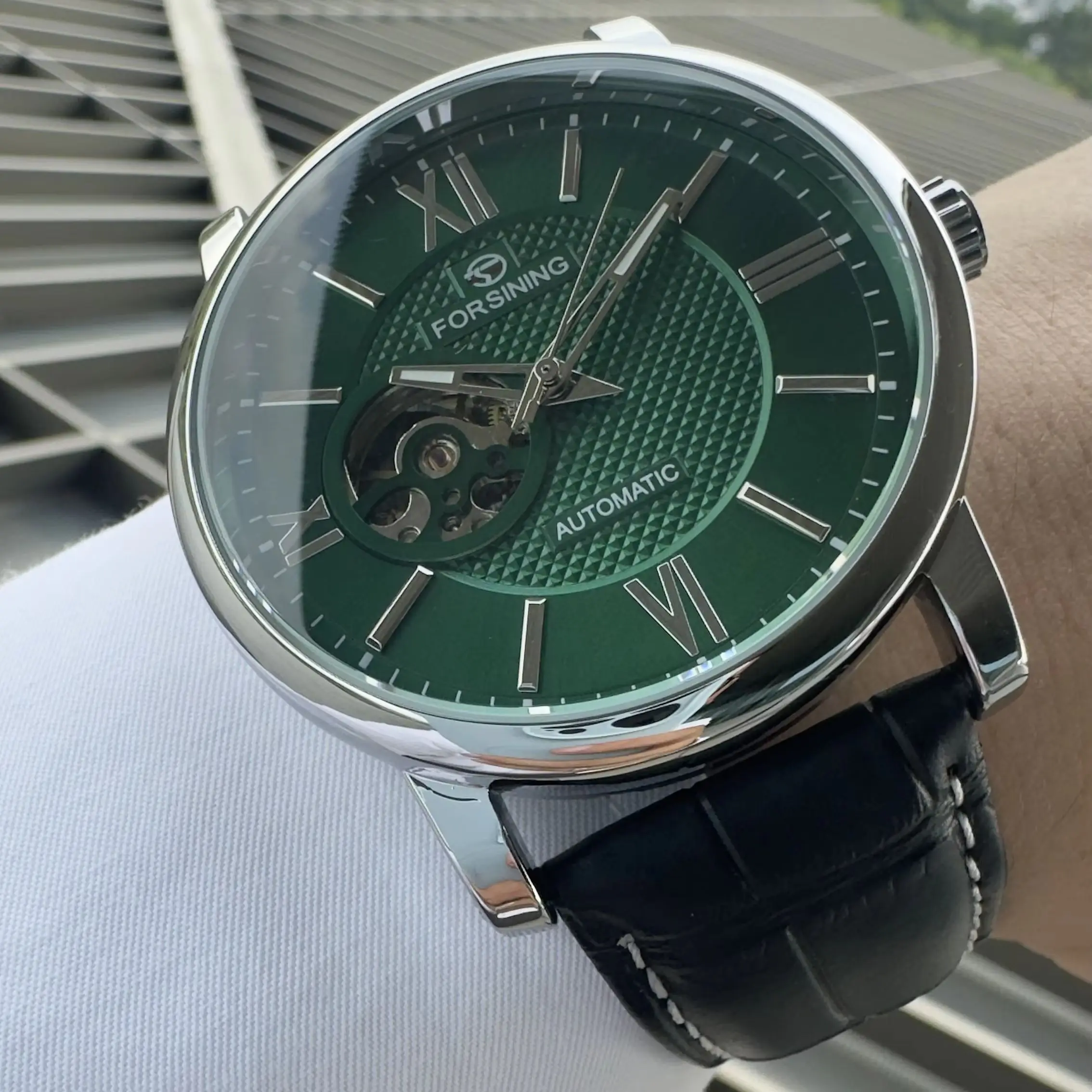 Business Green Automatic Watch for Men Fashion Minimalist Mechanical Watches Casual Leather Strap Luxury Forsining Wristwatches