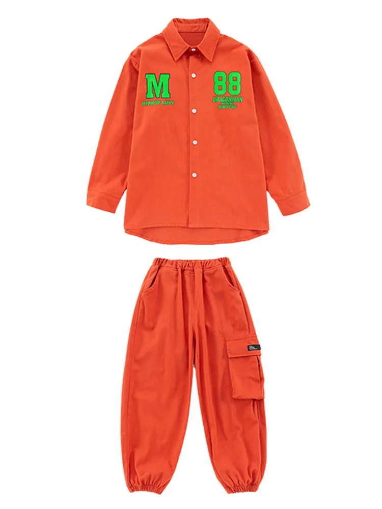 Orange Loose Tooling Clothes For Children Hip Hop Dance Costume Girls Jazz Performance Clothing Boys Streetwear Kpop Suit BL9327