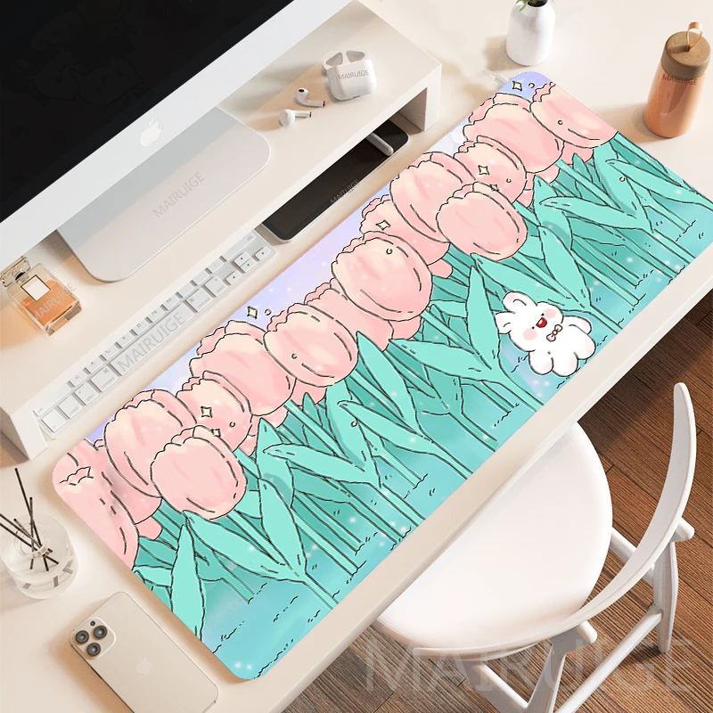 Cute Pink Tulips Multi-size Mouse Pad  Large Office Keyboard MouseMat Purple Kawaii Rugs Mousepad Cartoon Girly Gamer for Laptop