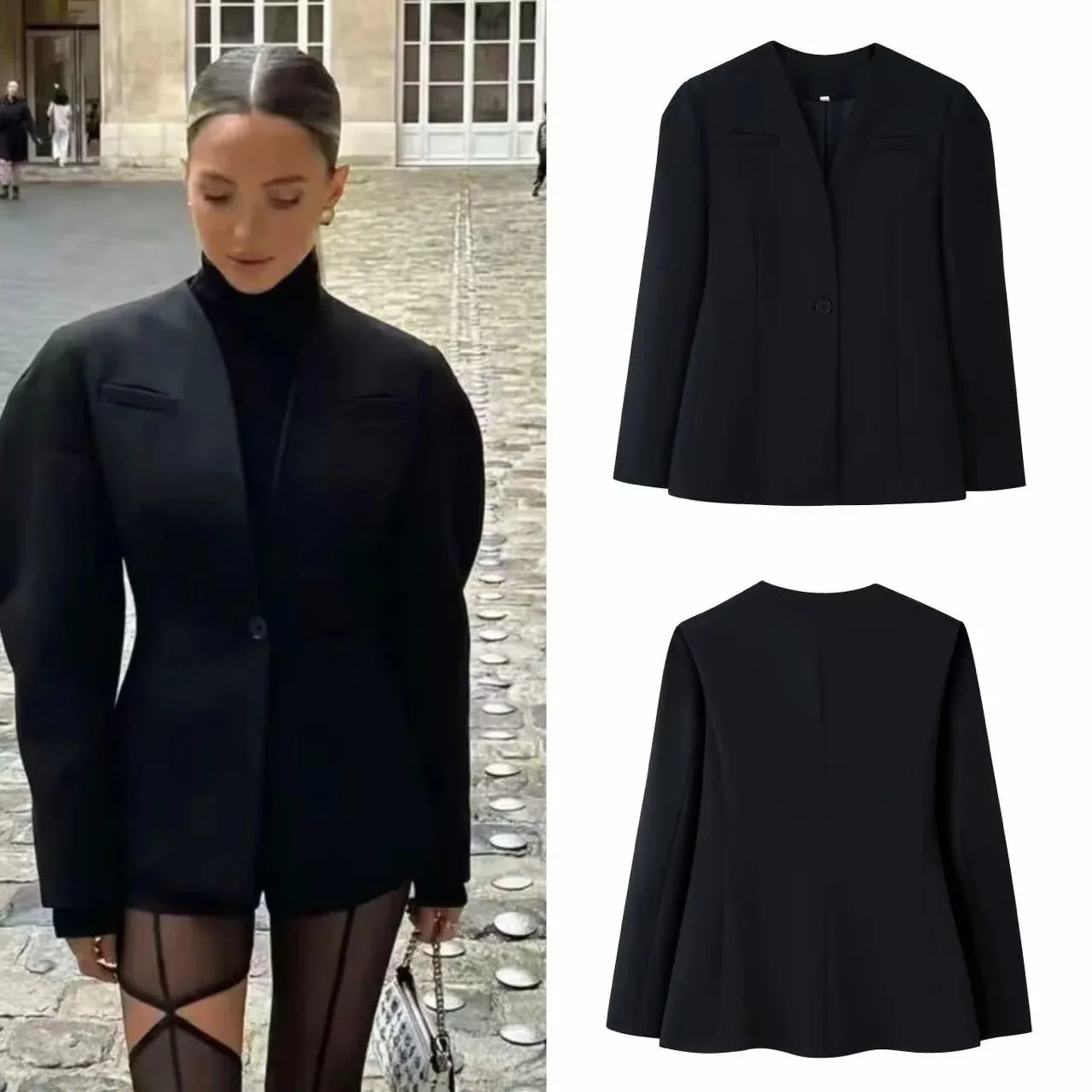 Black V Neck Collarless Blazer Single Front Button Shoulder Pad Fitted Waist Long Sleeve Women Streetwear Suit Jacket 260701
