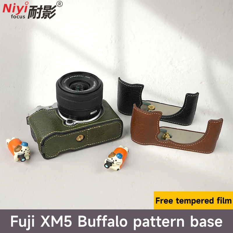 For Fujifilm XM5 Camera Half Case Body Cover Buffalo Pattern Leather Camera Bag Fuji XE5 Camera Accessories with Tempered Film