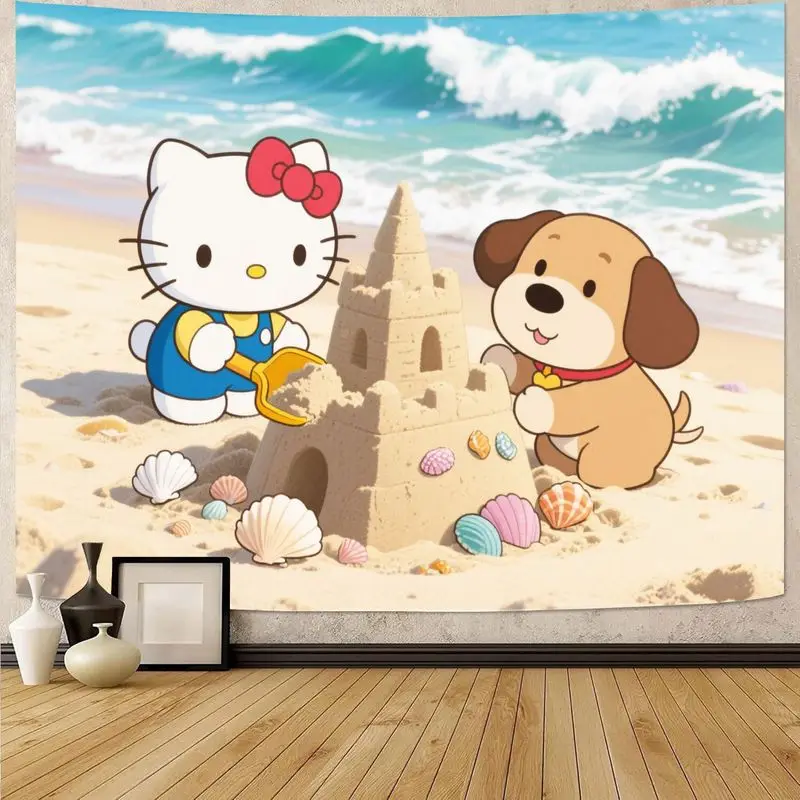 

1 шт., Sanrio Hello Kitty и собака, пляжный гобелен с песчаным замком, кавайный мультяшный настенный художественный декор для детской комнаты, летний подарок