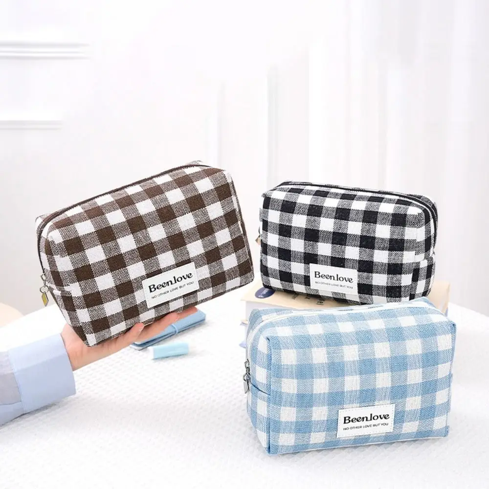 

Simple Lattice Plaid Cosmetic Bag Large Capacity Zipper Travel Wash Bag Polyester Waterproof Toiletries Bag Women/men
