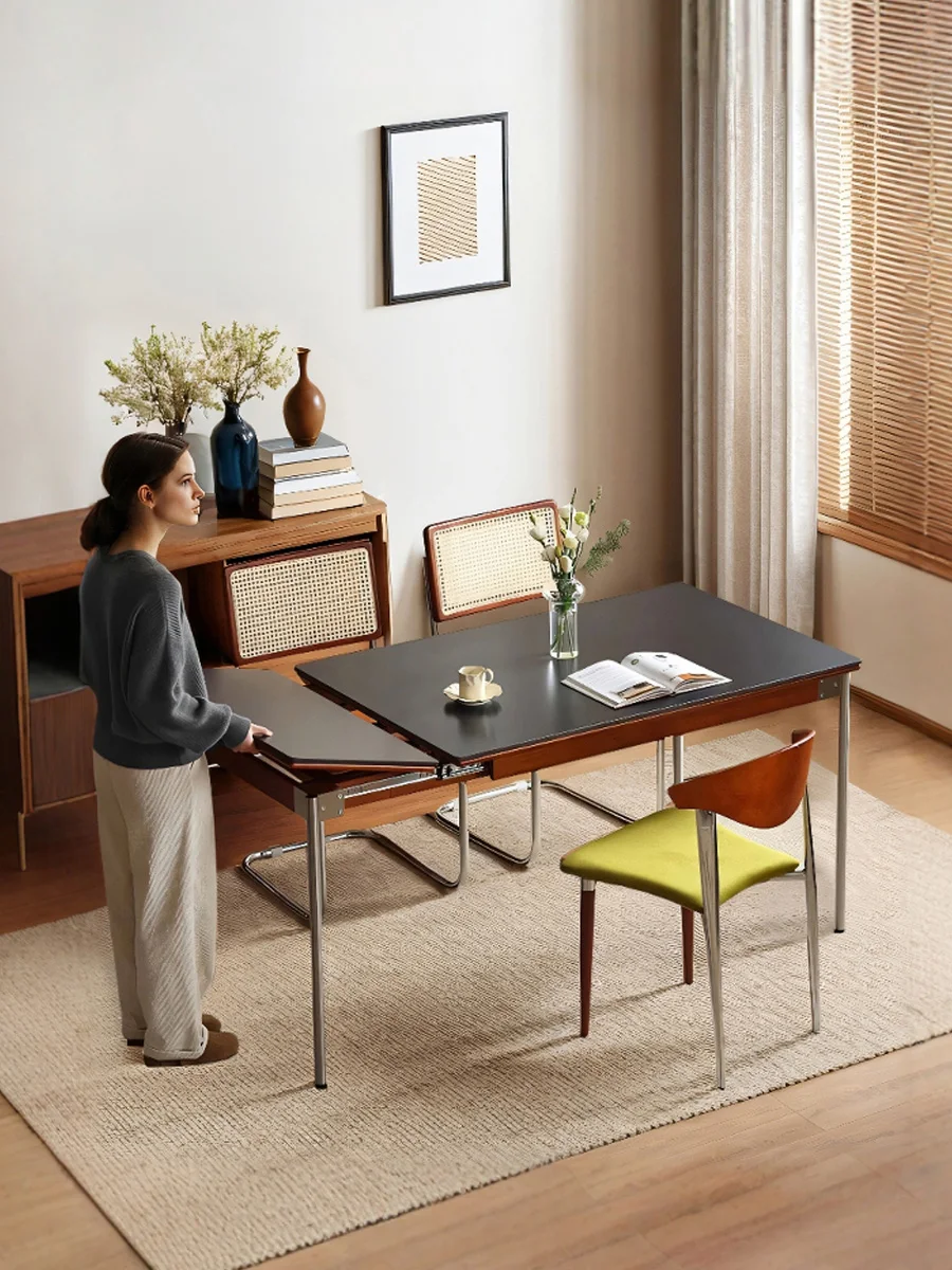 Retractable solid wood dining table and chair combination Nordic Japanese rectangular rock slab medieval folding dining table