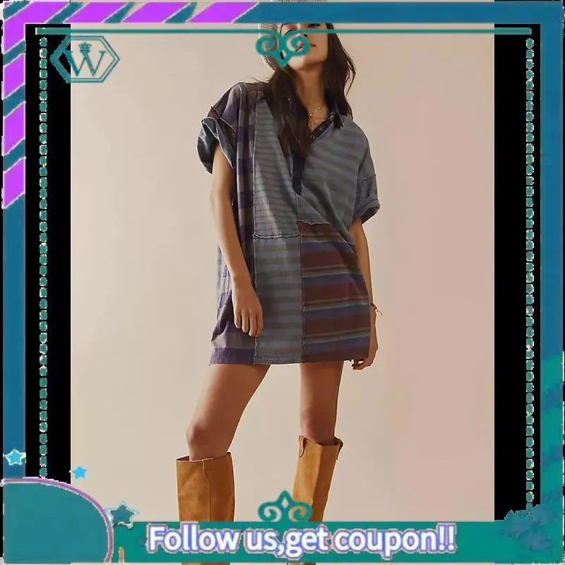 A09P Babydoll da donna a righe a contrasto Y2k Mini t-shirt patchwork estiva Abito vintage a maniche corte con scollo a V