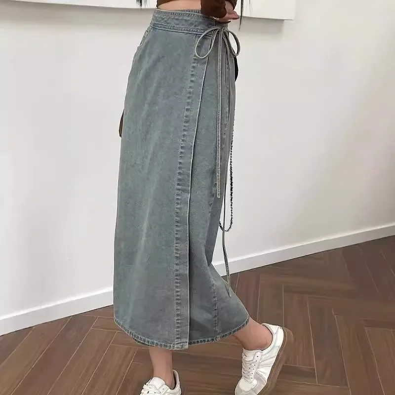 Elegant High Waist Washed Blue Side Tied Midi Denim Skirt for Women Vintage Style Split Mid-Length Commute Polyester Fiber