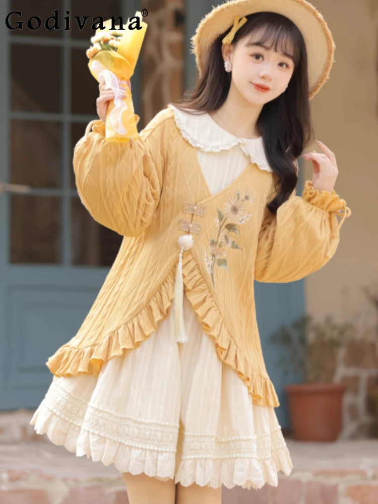 

Spring Autumn Ruffles Sweet Peter Pan Collar Long Sleeve Princess Dress Girl New Chinese Versatile Age Reduction Knitted Tops