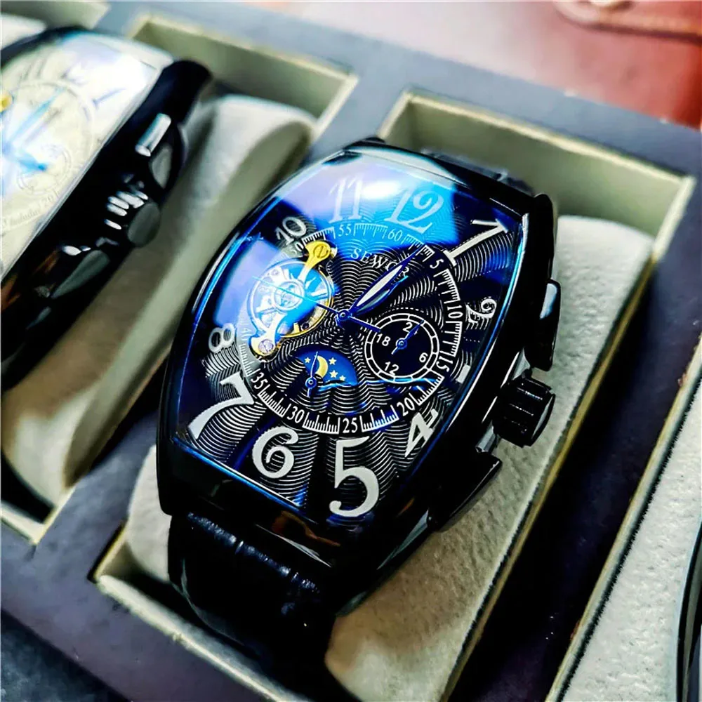 Automatic Mechanical Top Luxury Brand Tonneau Shape Tourbillon Men Watches Fashion Vintage Clock Reloj Hombre 2023 NEW