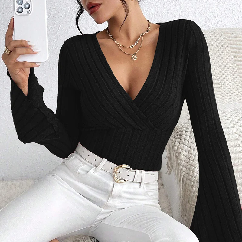 

Женские топы с глубоким v-образным вырезом, повседневные трикотажные футболки с расклешенными рукавами, осень-зима, облегающие базовые топы, модные бордовые толстовки, новинка