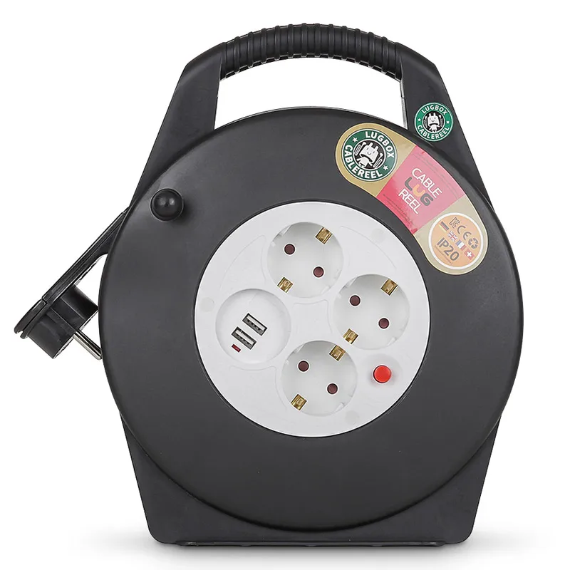 Rugbox 3-Socket USB2 10 m hohe Kapazität 3000 W Kabeltrommel Elektrisches Spulenkabel Flachstecker Überlastschutzkabel Camping-Rollenkabel Camping Essentials