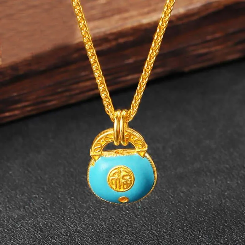 

New 24K Yellow Gold Pendant Women 3D Gold Fu Lock Necklace Pendant 1pcs