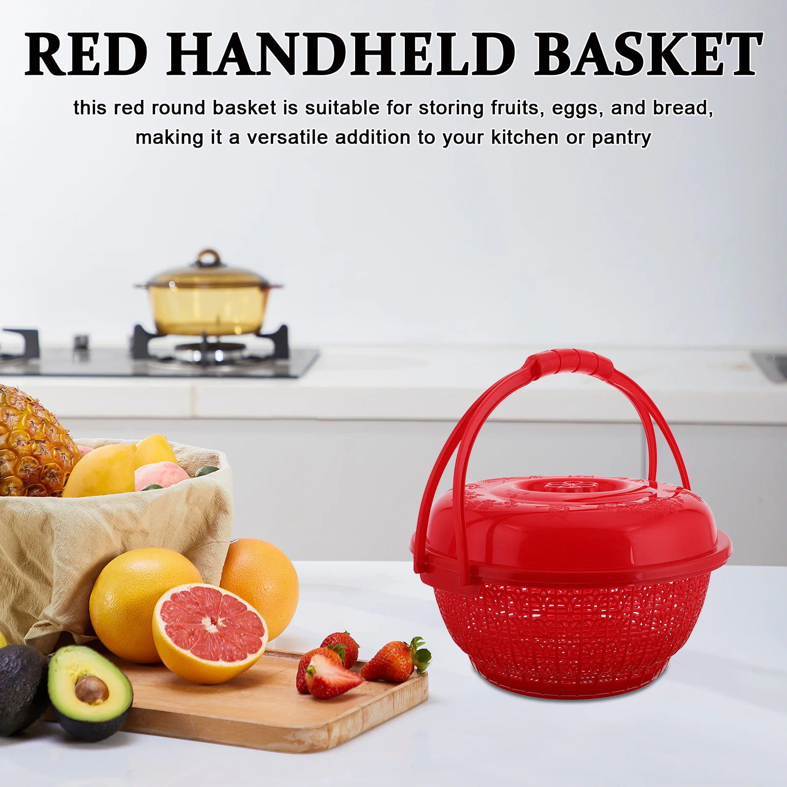 

Red Round HandBasket for Fruits Vegetables Eggs Bread Multifunctional Storage Kitchen Organizer Safe Strawberries