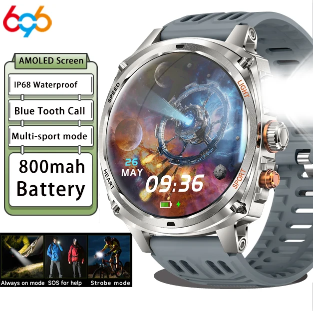 

Смарт-часы для активного отдыха с AMOLED-экраном 1,75 дюйма, звонками по Bluetooth, измерением пульса, фонариком, водонепроницаемостью и будильником