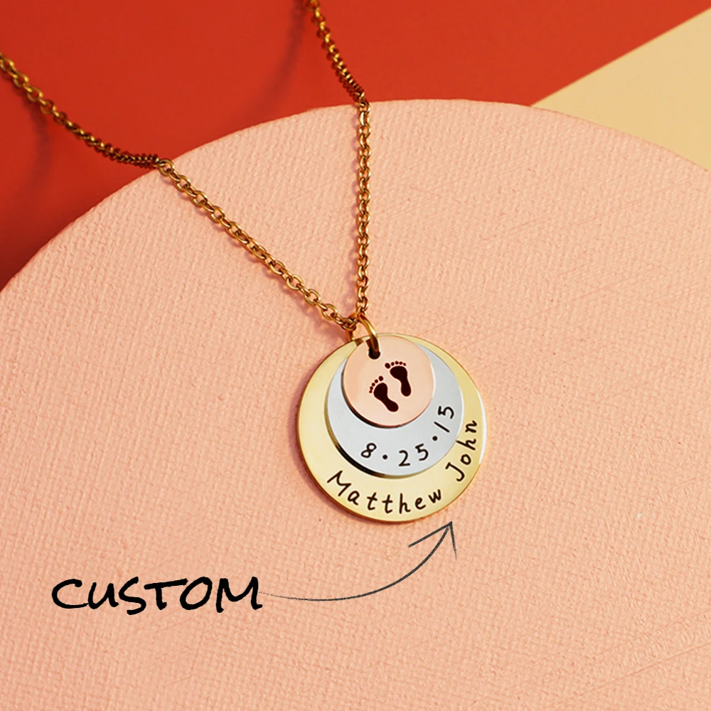 

Personalized Baby Date Feet Necklace for Women Customized Name Memory Pendant Necklace Gift for Mother Jewelry