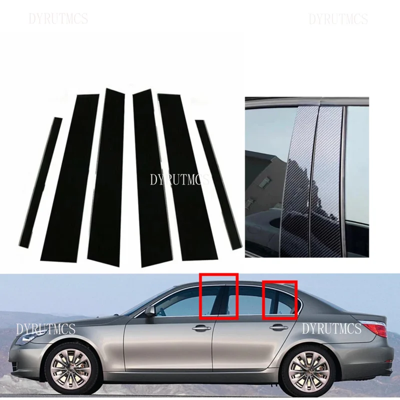 6 SZTUK błyszczących czarno-srebrnych karbonowych słupków do BMW serii 5 E60 4-drzwiowych sedanów 2003-2010 Osłona listwy drzwi okiennych