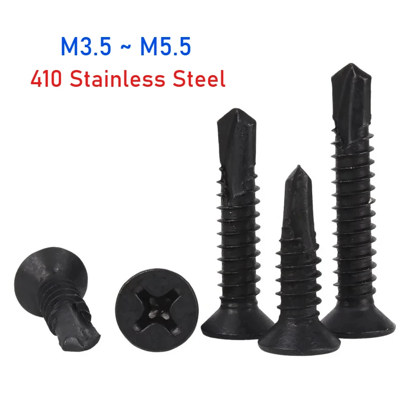 Black 410 Stainless Steel Cross Recessed Flat Head Self Drilling Screws M3.5 M3.9 M4.2 M4.8 M5.5 Self Tapping Tail Screw