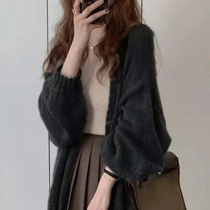 Biyaby Spring Autumn Knitted Cardigan Coats Woman Korean Simple Long Sleeve Sweater Women Casual Solid Loose V-Neck Cardigans