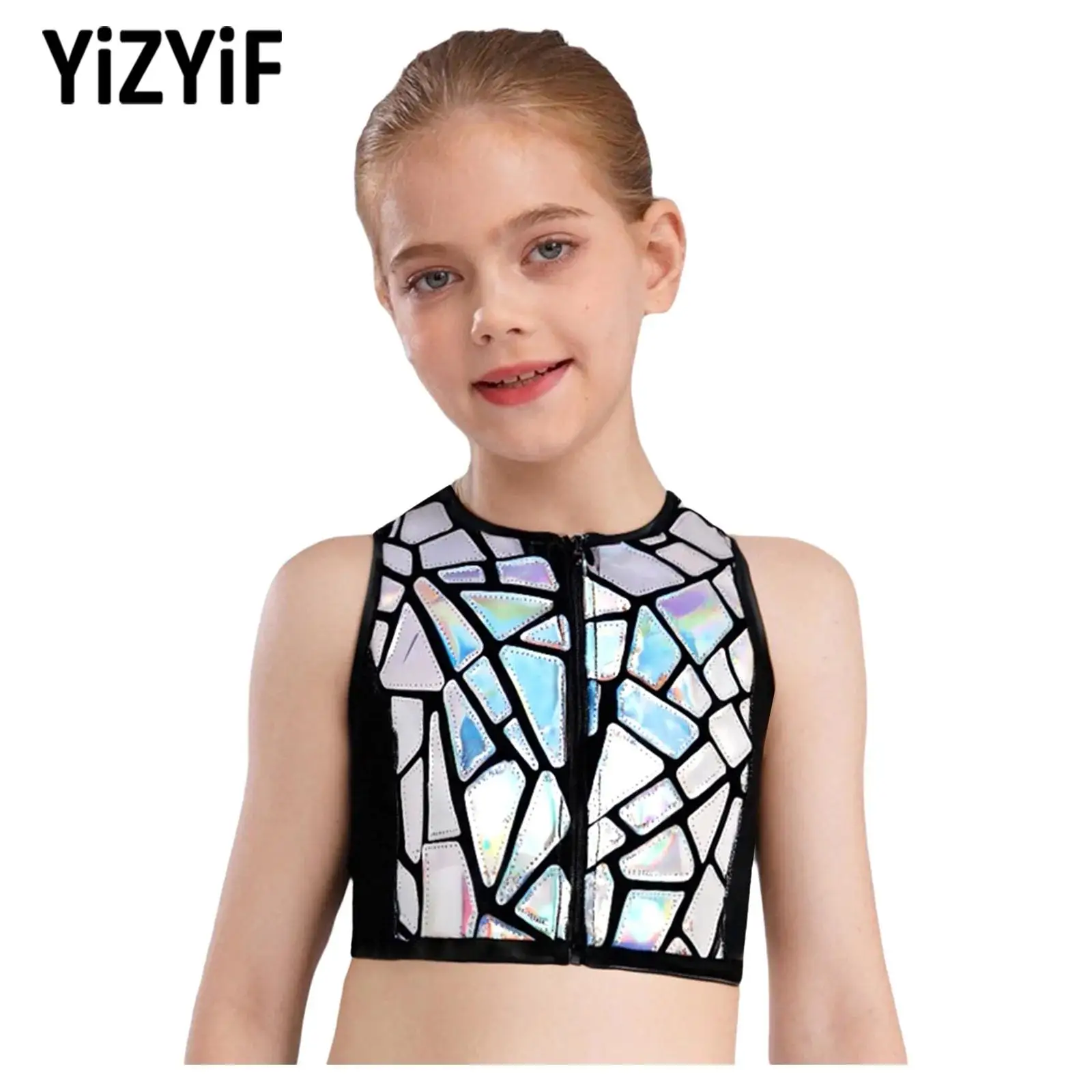 

Kids Girls Rhythmic Gymnastics Figure Skating Costume Sleeveless Sequins Metallic Vest Crop Tops Ballerina Performance Clothes