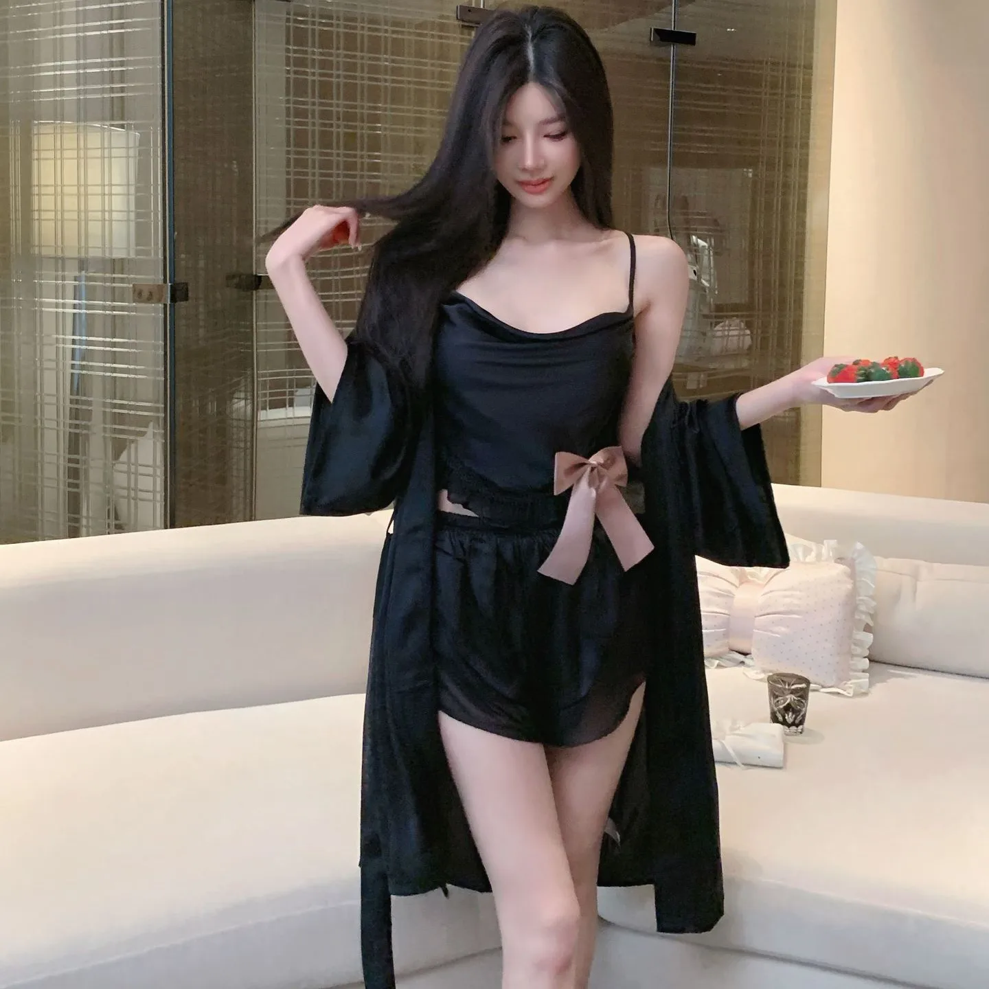 

Женский комплект из 3 предметов: халат, пижама, домашняя одежда. Сексуальный халат с бантом, аппликацией, бретельками, шорты, свободная атласная ночная сорочка, одежда для дома и отдыха.