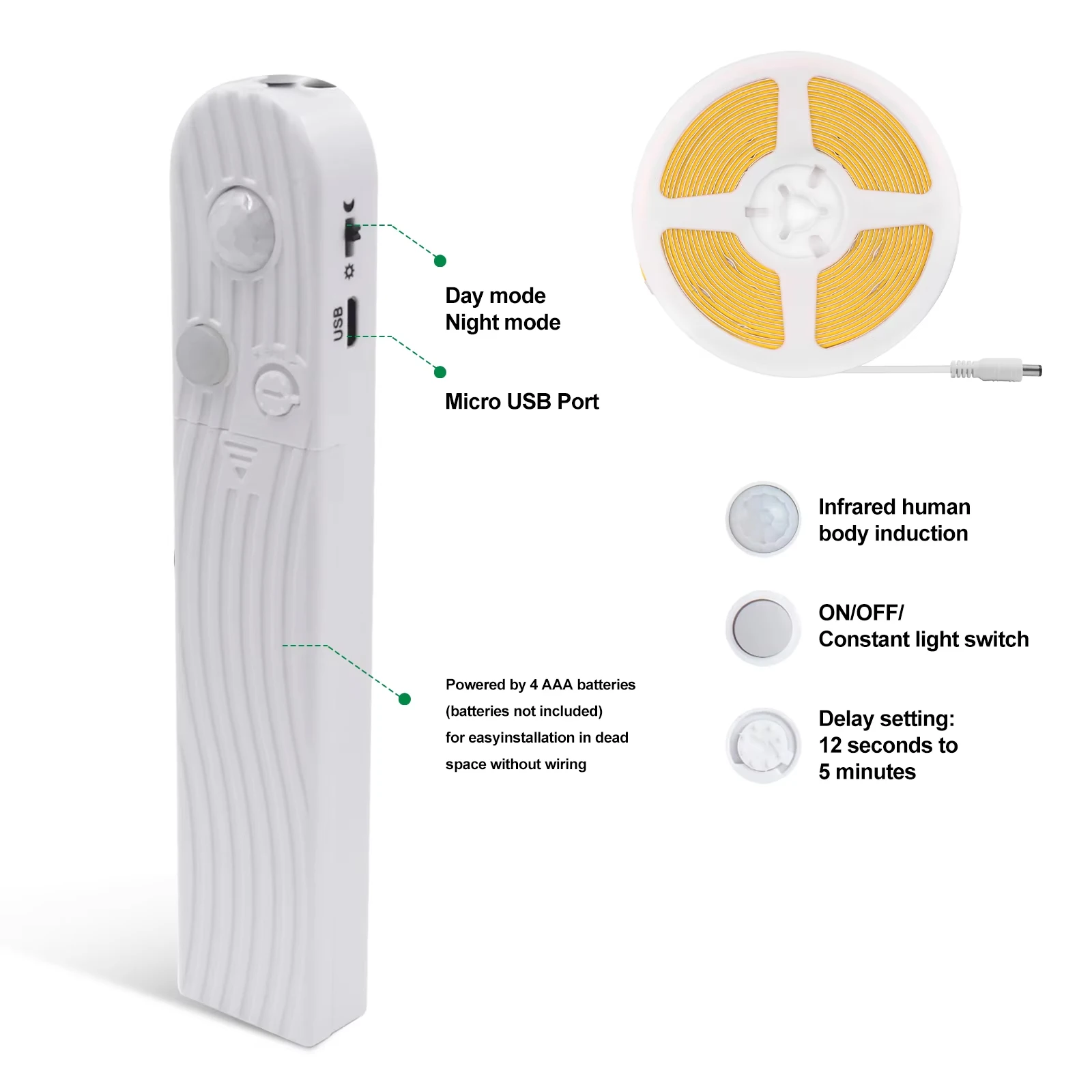 5V USB COB LED Strip Light with Human Sensor Battery Box 3mm 5mm 8mm Flexible COB Lights 320LEDs High Density Linear Lighting