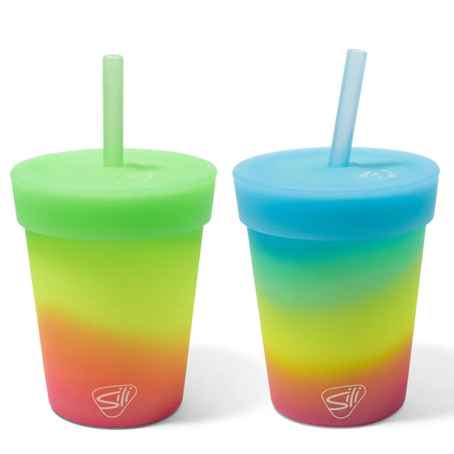 

: Straw Tumblers 8oz: 2 Pack - Glow Blue Ombre and Glow Green Ombre - Silicone Unbreakable Cups w/ No Leak Lids, Hot and Cold D