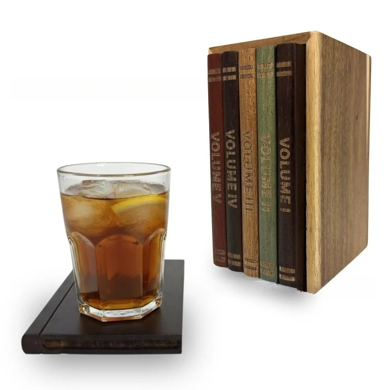 Magic Book Hidden Wooden Coaster Set Vintage Book Shape Drink Coasters Creative Secret Storage Cup Mat Bar Home Decor Gift