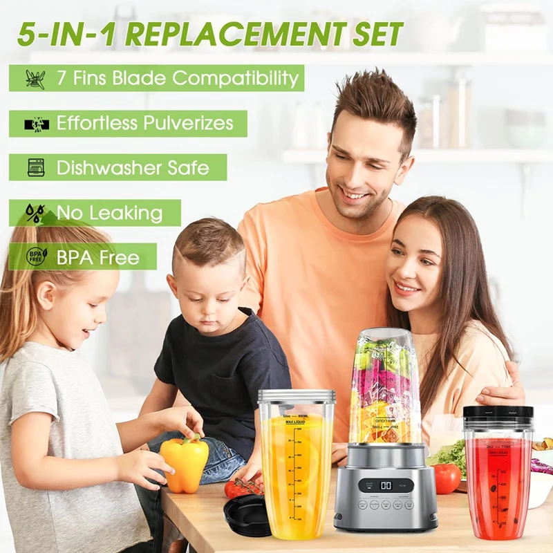 Blender Replacement Parts For Ninja, 32Oz & 24Oz Ninja Blender Cups Replacement With To-Go Lids & 7-Fins Extractor Blade