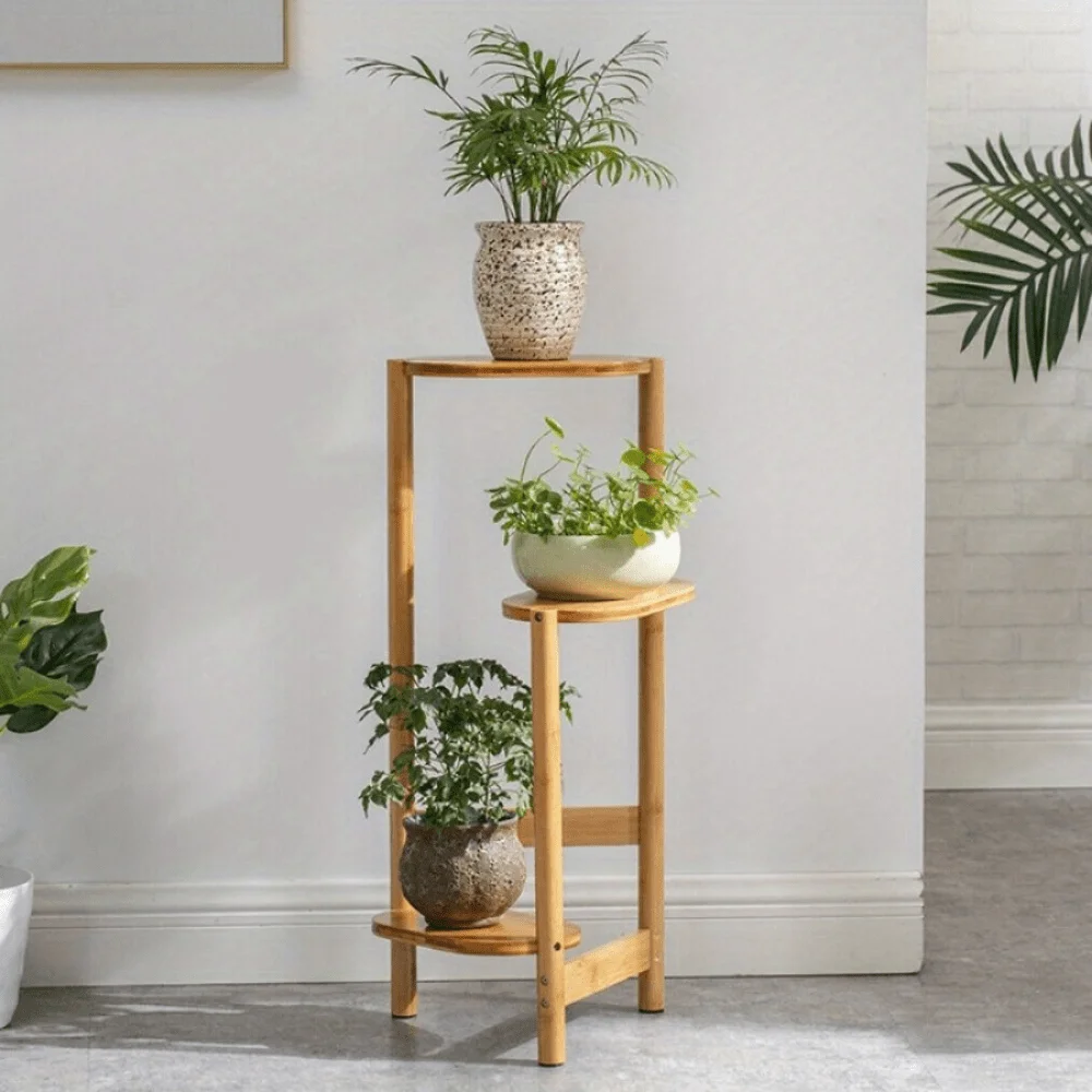 Suporte de planta de bambu para ambientes internos e externos, suporte de rack de flores de canto alto de 3 camadas