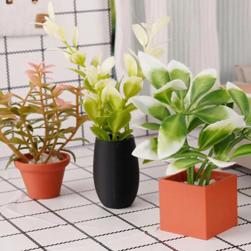1Pcs Mini Artificial Potted Plant Dollhouse Fake Greenery Ornament Assorted Pot Shape Mini Plant For 1:12 Scale Doll House Decor
