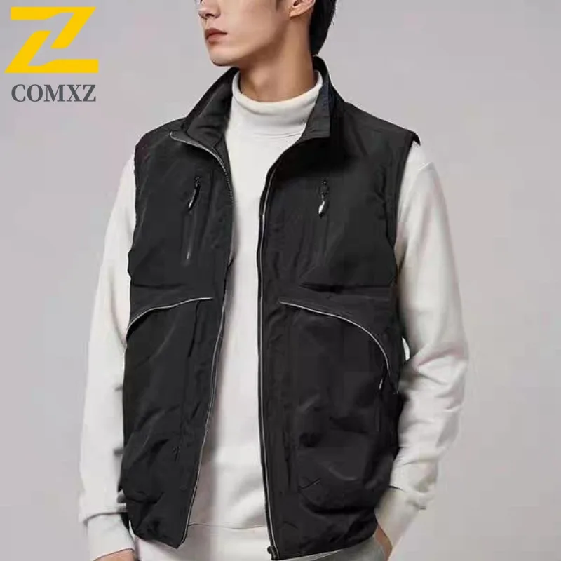 

COMXZ Men Outdoor Casual Work Vest Summer Lightweight Stand Collar Workwear Fishing Sleeveless Breathable Mesh Utility Waistcoat