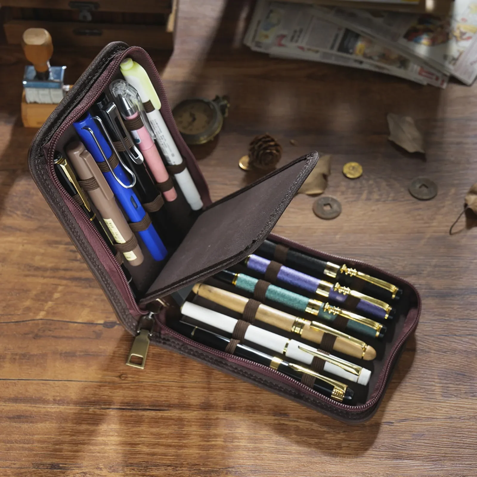 

12 Pens Fountain Pen Case Vintage Leather Roller Ball Pen Holder Bag, Large Capacity Zipper Organizer Pouch Stationery