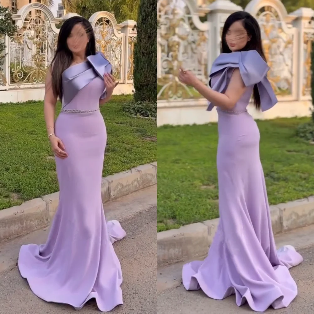 

Customized Jersey Sequined Bow One-shoulder Mermaid Floor-length Bespoke Occasion Dresses For Wedding Guests Elegant Formal
