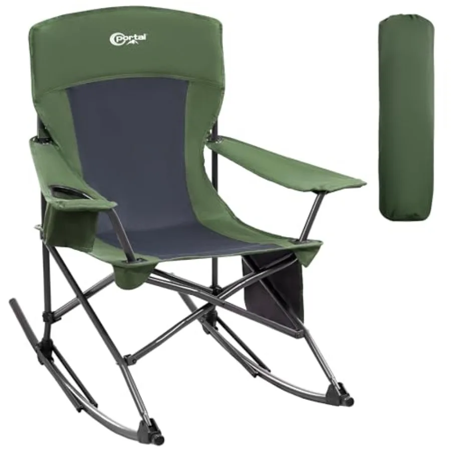 

Outdoor rocking chair for camping: green folding portable rocker with cup holder, side pocket, carry bag, 350LBS capacity, ligh
