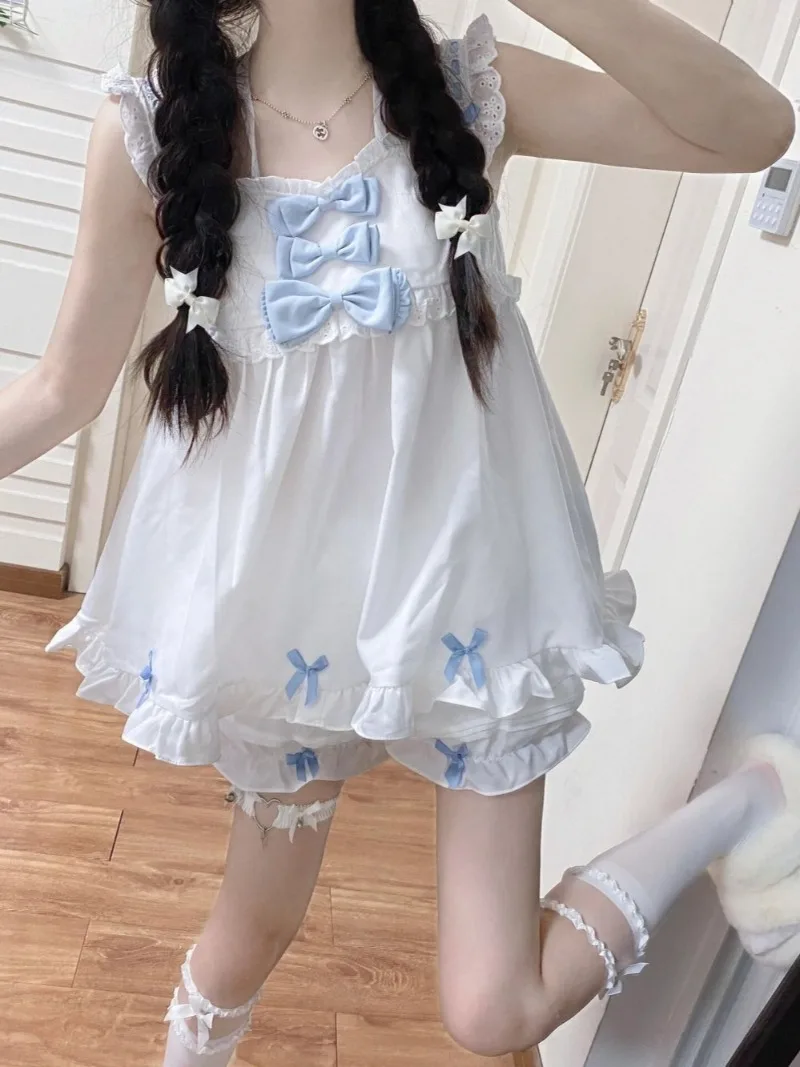 Japanese Soft Girl Strappy Bow Sling Top Shorts Two Piece Set Cotton Pajamas Women\'s Lolita Sleepwear 2024 New Summer