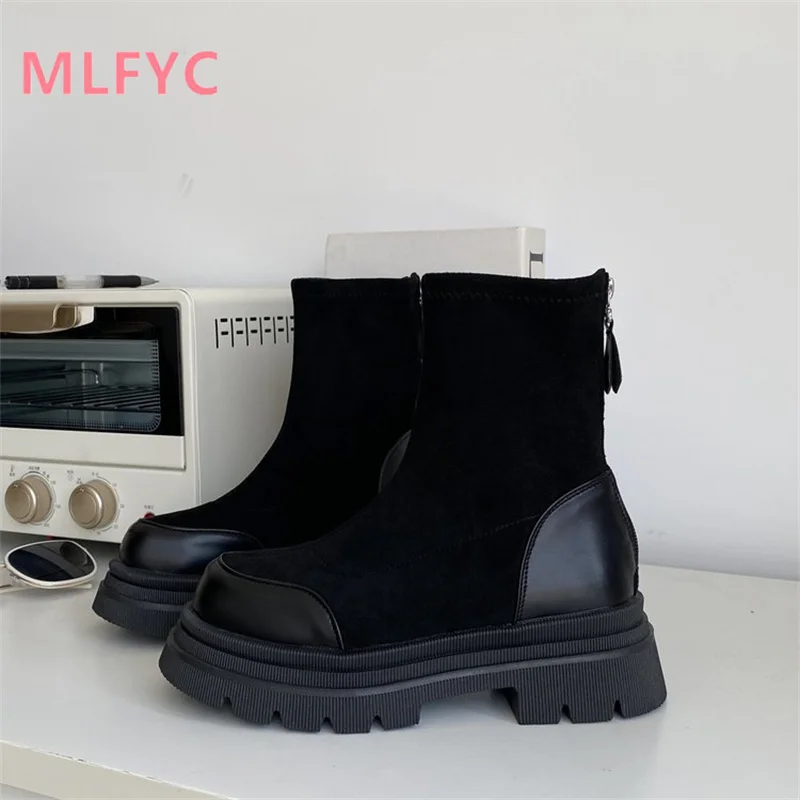 Vintage dicke Ferse High Heel kurze Stiefel 2023 Herbst/Winter neue dicke Sohle erhöhte elastische Stiefel vielseitige Freizeit stiefel