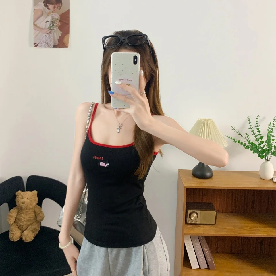Summer New Pure Desire Sausage Dog Print Patchwork Plaid Strap Vest Women Slim Fit  Fixed Belt Chest Pad Nylon Fabric
