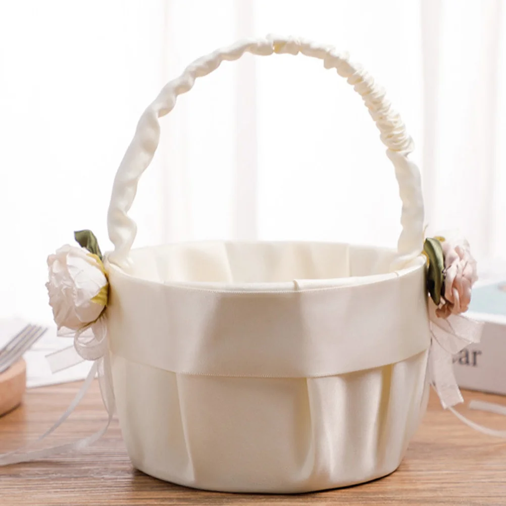 

Flower Girl Basket Ivory White Cloth Wedding Handheld Floral Container Stylish Petal Basket for Bridal Party Rustic Chic