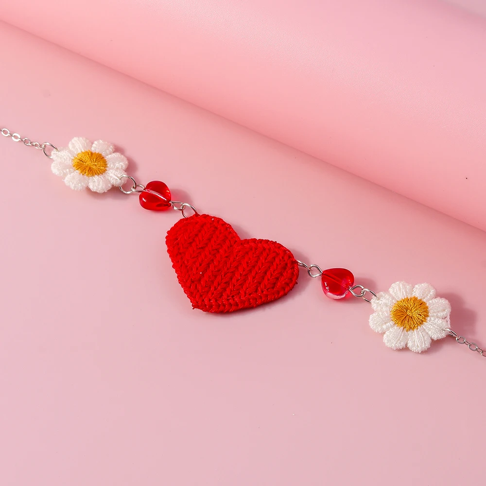 Modische Handgefertigte Gestrickte Herz-Blumen-Halskette für Frauen und Mädchen, Party- und Festivalschmuck, Geschenke – Detail 6