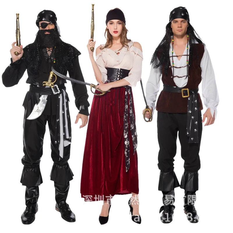 Disfraz de pirata de Halloween para adultos, ropa de calle negra, Vestido largo de moda, ropa de rendimiento de escenario para fiesta de vacaciones para hombres y mujeres