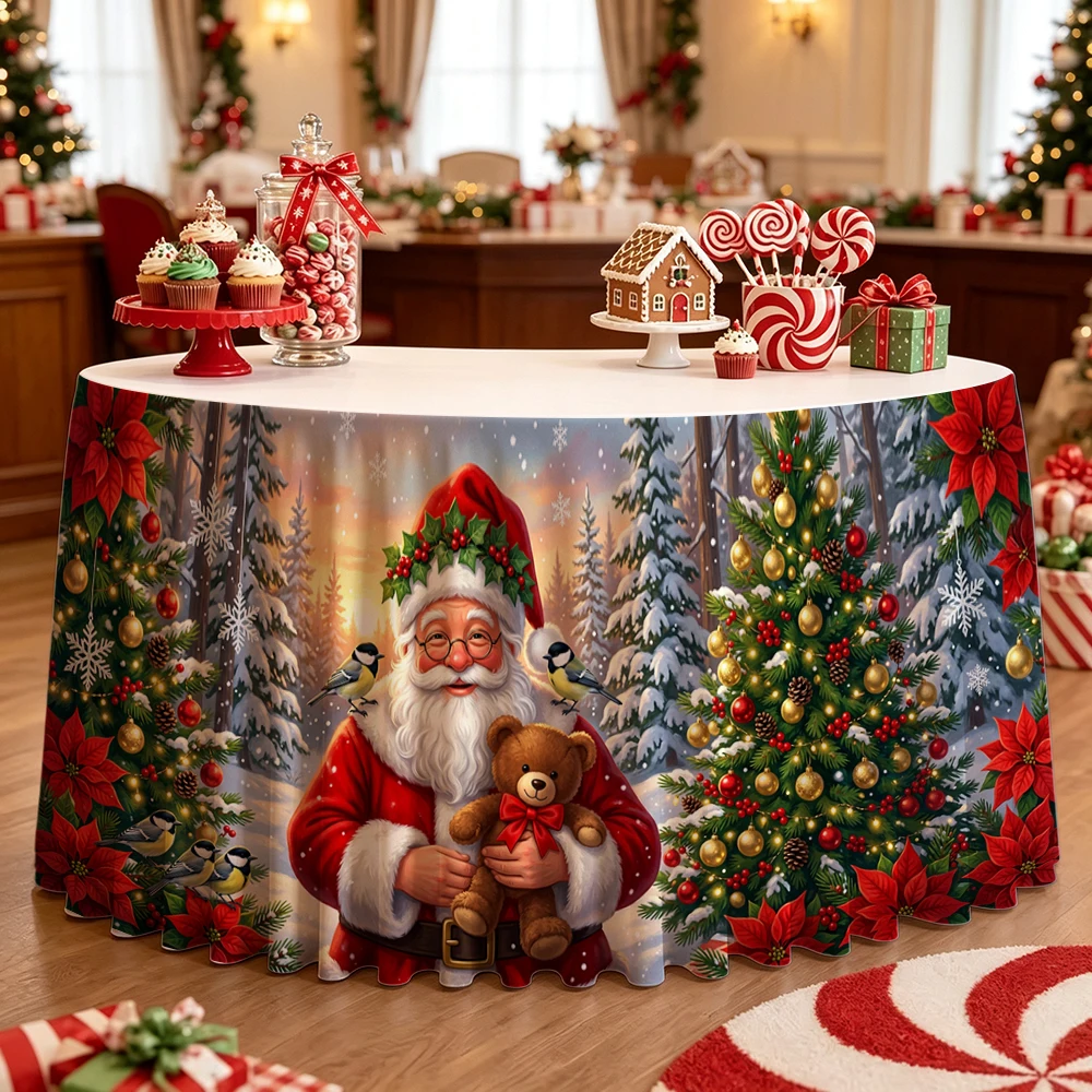 Christmas tablecloth featuring Santa Claus holding a doll - perfect decoration for the table