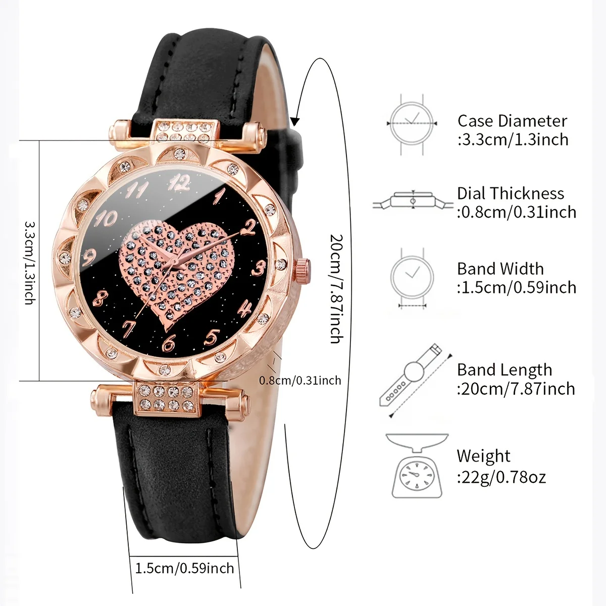 6PCS/Set Women Watches Fashion Heart Rhinestone Leather Band Quartz Watch Heart Leaf Bracelets Set(Without Box)