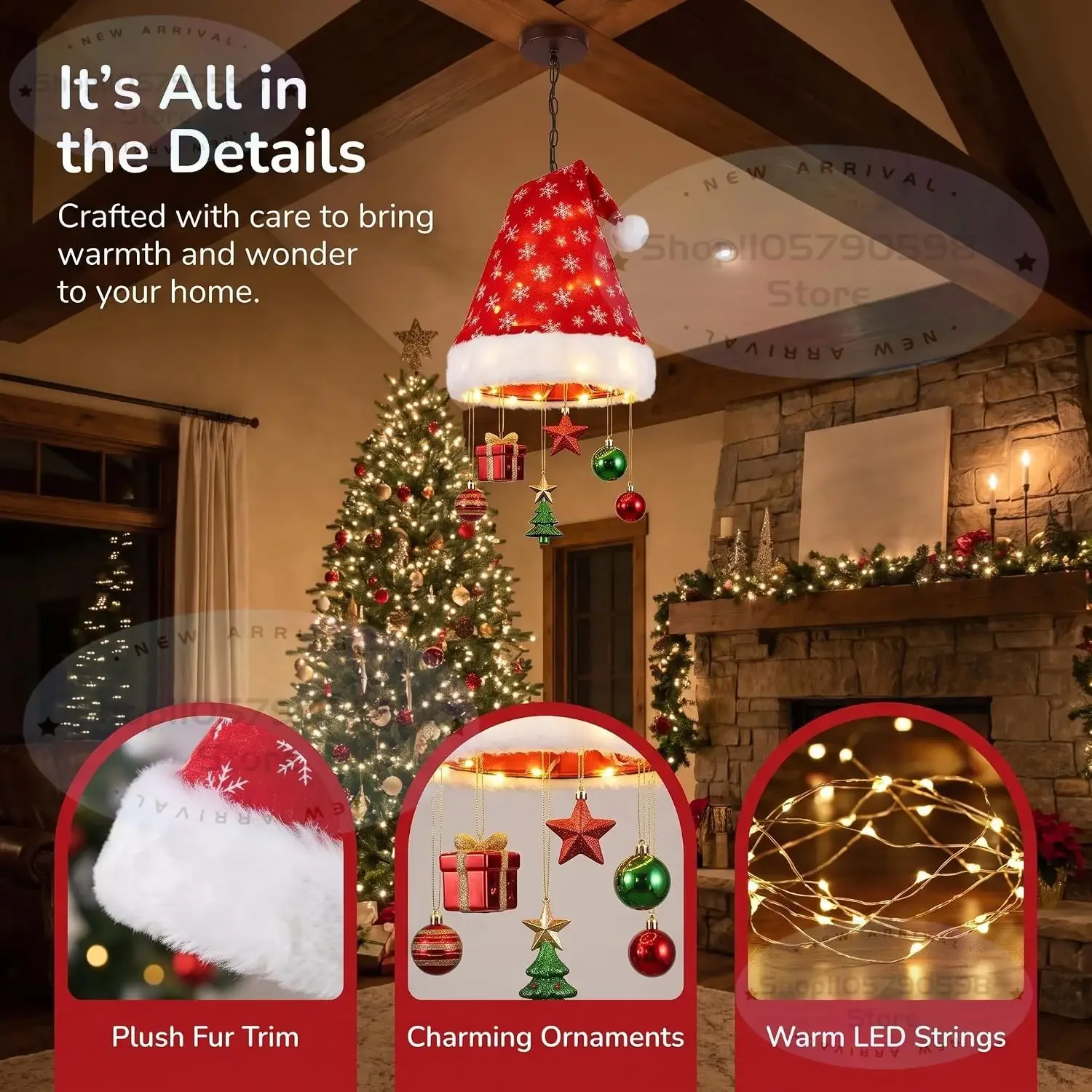 2026 Lighted Santa Hat Hanging Chandelier,3 Styles Warm LED Christmas String Light with Festive Ornaments,Holiday Lighting Decor
