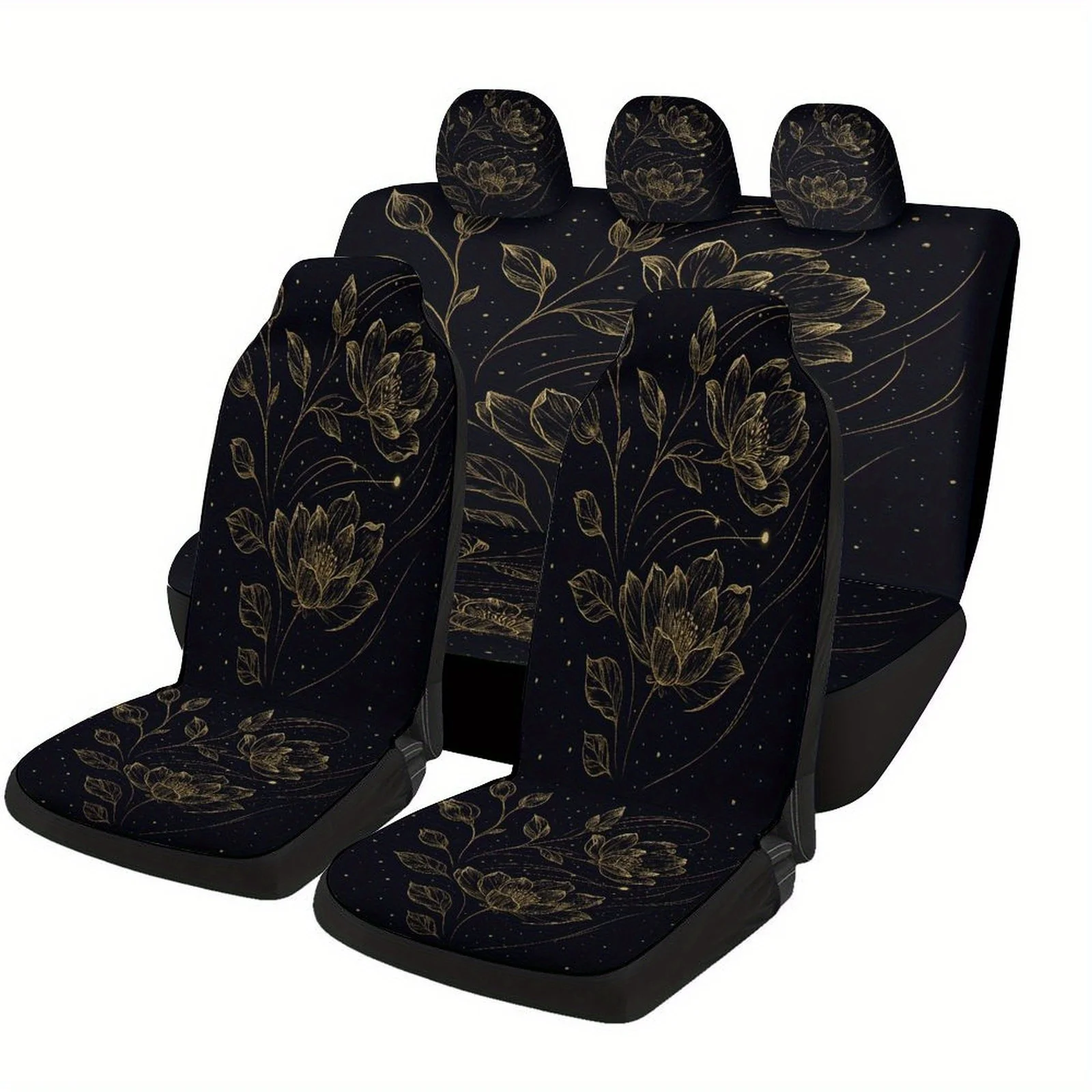 

Golden Floral Art Designed Car Seat Cover Set For Most Cars, High-quality Comfortable Car Seat Protector Covers Full Set, Univer