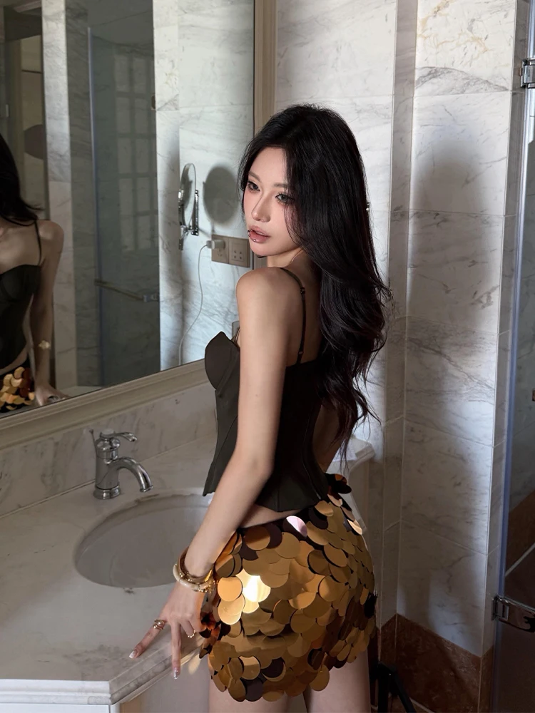 Sexy Black Fishbone Strap Top Women's Spring Summer Heavy Work Sequin High Waist Short Skirt Fashion Set Casual French Style view 4