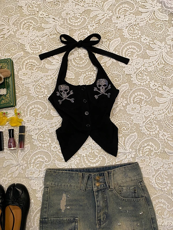 التصميم الأصلي الجمجمة نمط حجر الراين بالتفصيل Bla حزام أعلى المرأة خمر Sle الصيف القطن مزيج تانك الأعلى