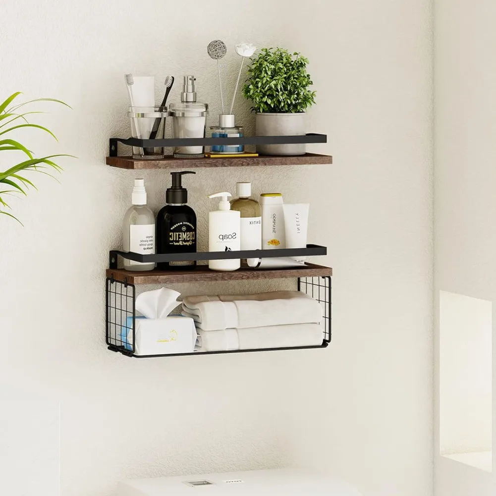 SWEETHOME Wall Mounted Shelves With Storage Basket Multifunctional Floating Rack For Living Room Nursery Bathroom Bedroom