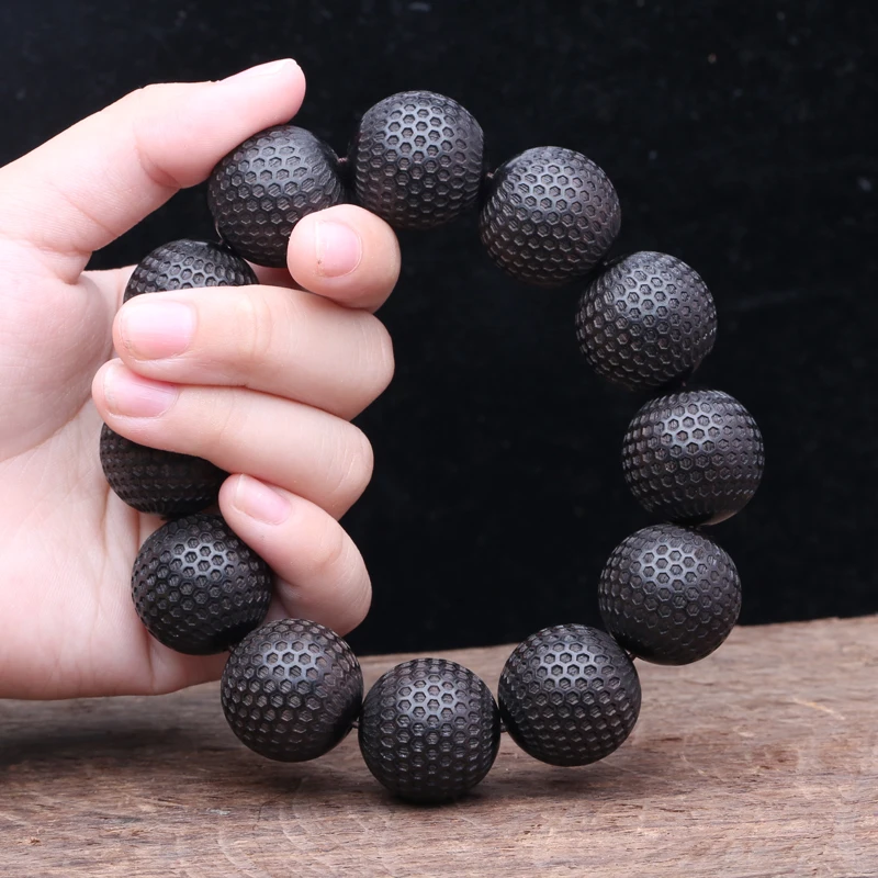 Natural ebony 20mm wood bead Bracelet Men\'s beaded carved black Good luck stretch bracelet