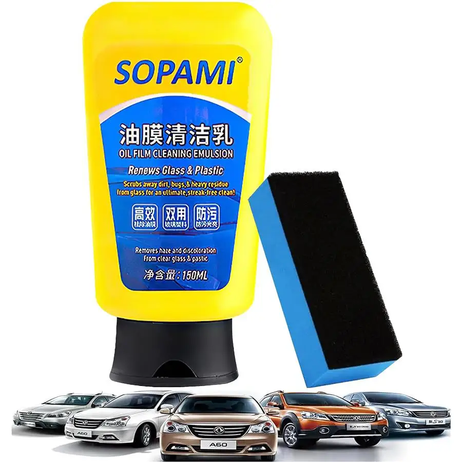 150ml Car Glass Oil Film Remover Emulsion With Sponge, Windshield Window Rearview Mirror Stain Cleaner, Anti-fog Anti-rain Glass view 2